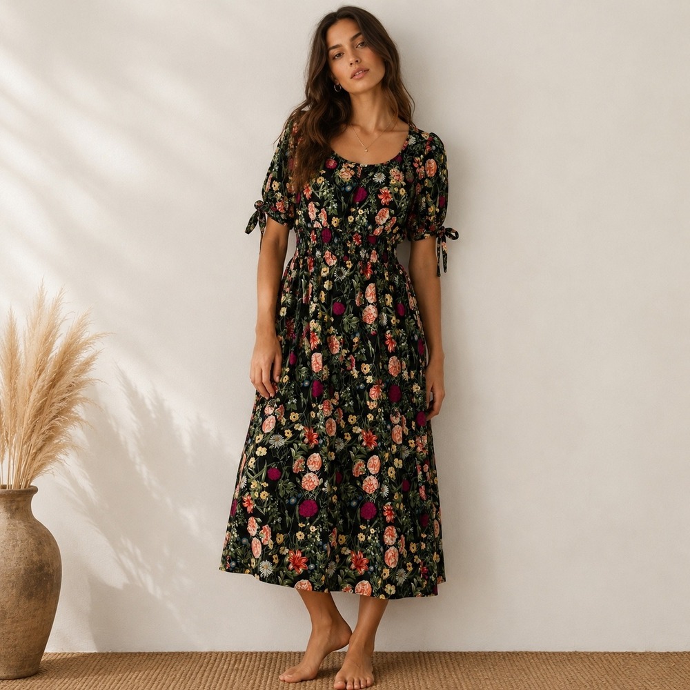 Terra & Sky Cottagcore Floral Smocked Empire Waist Dress 2X Black Cotton Boho